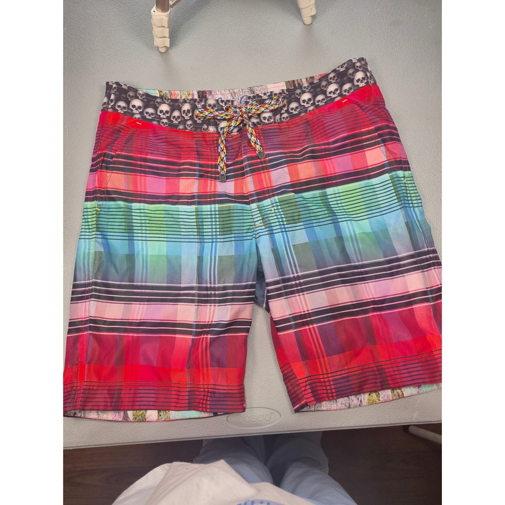 Robert Graham Mens Plaid Skull Waistband Swim Trunks Board Shorts‎ Multicolor 34